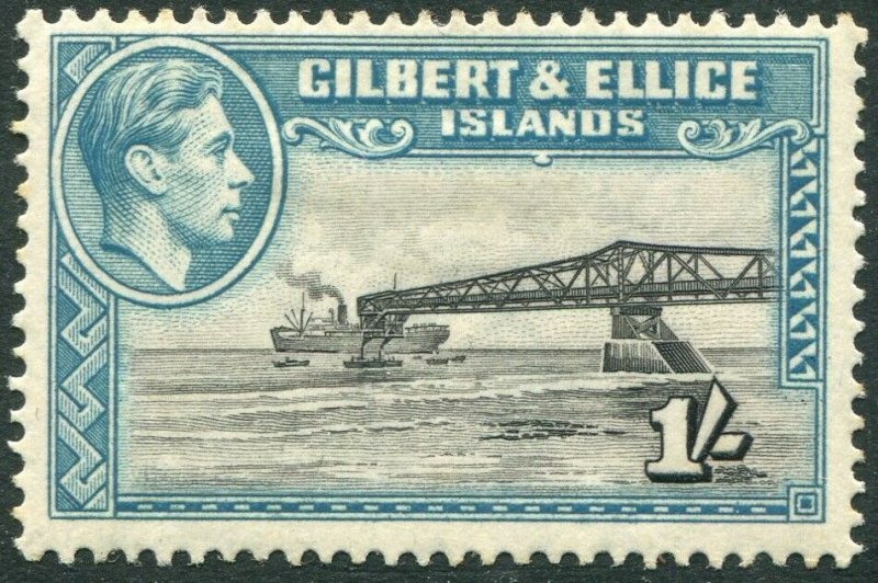 GILBERT & ELLICE ISLANDS-1943 1/- Brownish-Black & Turquoise-Blue Sg 51a MM