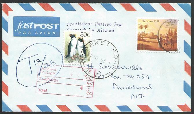 FIJI TO NEW ZEALAND 1993 cover Insufficiently Paid Airmail, 80c Due........53229