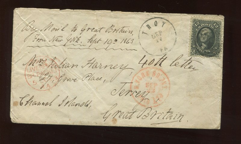 Scott  69 Washington Used Stamp on 1863 Cover Troy PA to Jersey, Channel Islands