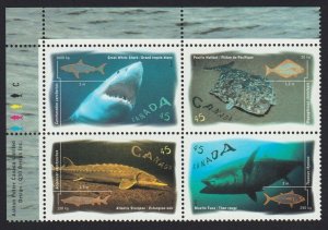 OCEAN FISH = SHARK, HALIBUT, STURGEON,. = Canada 1997 #1644a MNH UL Block of 4