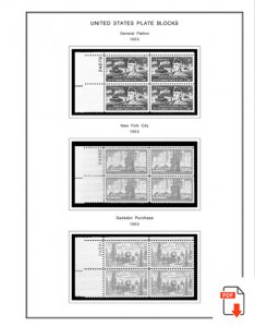 US 1950-1959 PLATE BLOCKS STAMP ALBUM PAGES (50 PDF b&w illustrated pages)