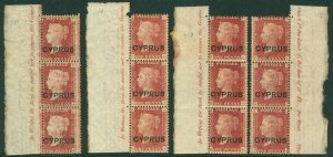 SG 2 Cyprus 1880. 1d red plates 201,216,217 & 218 marginal strips of 3 with...