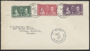 1937 Newfoundland #230-232 George VI Coronation Omnibus FDC St John's