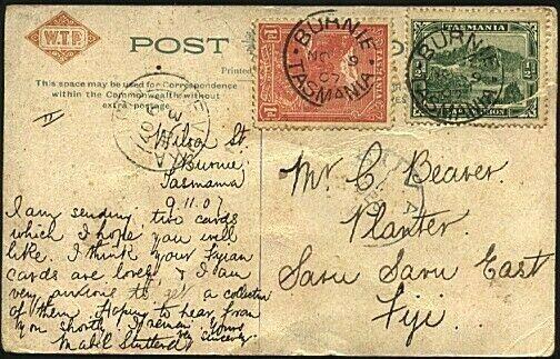 TASMANIA 1907 postcard ex BURNIE to Fiji with Levuka arrival cds...........21623