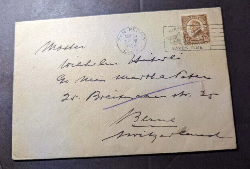 1929 USA Airmail Cover San Pedro CA to Bern Switzerland