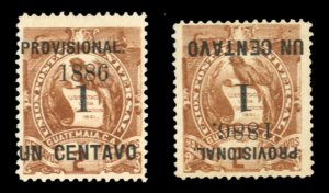 Guatemala #42,42g Cat$15.50, 1886 1c on 2c brown, regular stamp and one with ...