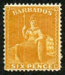 Barbados SG79 6d Chrome-yellow perf 14 wmk Crown CC M/Mint Cat 150 pounds