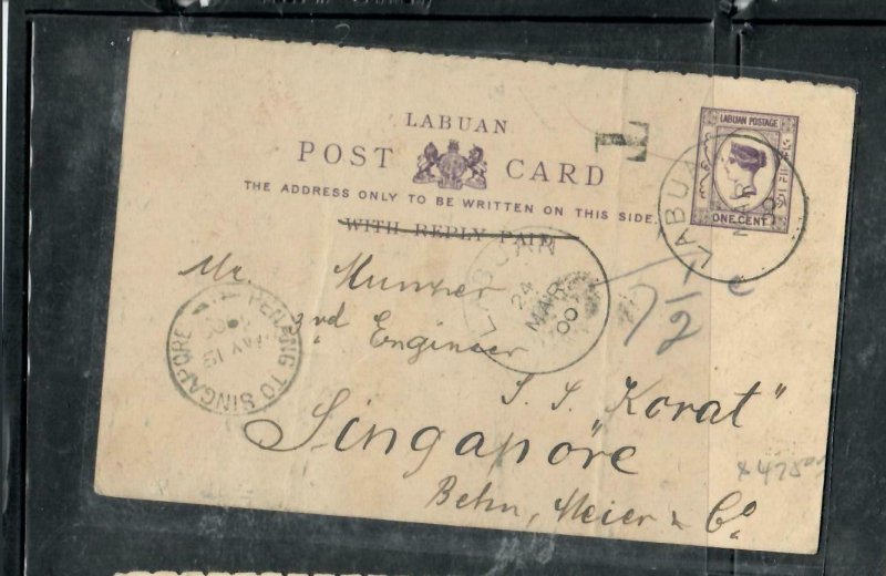 LABUAN COVER (P2912B) QV 1C PSC 1900 PENANG TO SINGA ANTIQUE OVER 100 YEARS OLD 