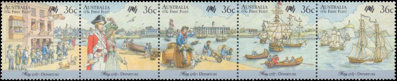 Australia #1024-1026, Complete Set, Strip of 5+Pair+Single, 1987, Never Hinged