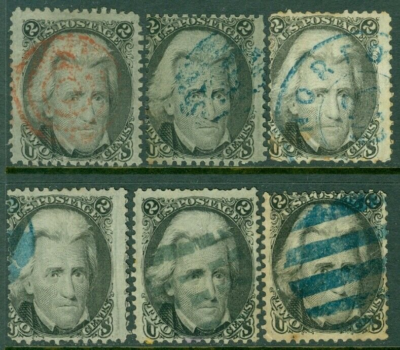 EDW1949SELL : USA 1863 Scott #73. 6 stamps. Used with color cancels. Cat $515.00