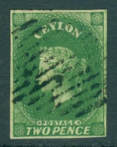 SG 3a Ceylon 1857-59. 2d yellow-green. Very fine used, 4 margins