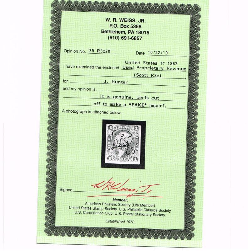 REFERENCE SCOTT #R3a USED BILL WEISS CERT READ YELLOW LISTING - IF GENUINE $1250