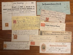 10 Documents, Mostly 1800s stamped, checks and other documents, mixed condition.