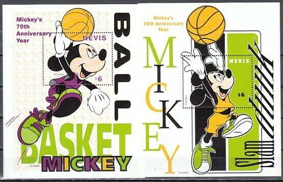 Nevis, Scott cat. 1122-1123. Mickey Mouse & Basketball s/sheets