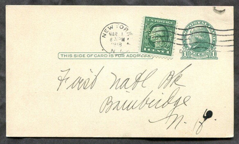 3997 - USA 1918 Uprated Postal Card. PERFIN  CNB  Chase National Bank New York