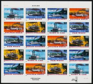 USA 3095b Sheet MNH Plate Position #7 - Riverboats