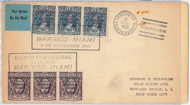 AVIATION  - GUATEMALA -  POSTAL HISTORY COVER - 1st FLIGHT BARRIOS - MIAMI 1931