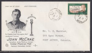 Canada Scott 487 Rose Craft FDC - John McCrae