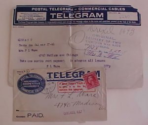 US  TELEGRAM & COVER POSTAL TELEGRAPH CABLE CHICAGO TO MADISON AVE 1911