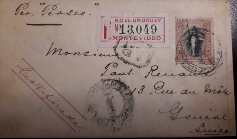 V.  Jul O) 1897 CIRCA - URUGUAY, LIBERTY 25c, REGISTERED FROM MONTEVIDEO,