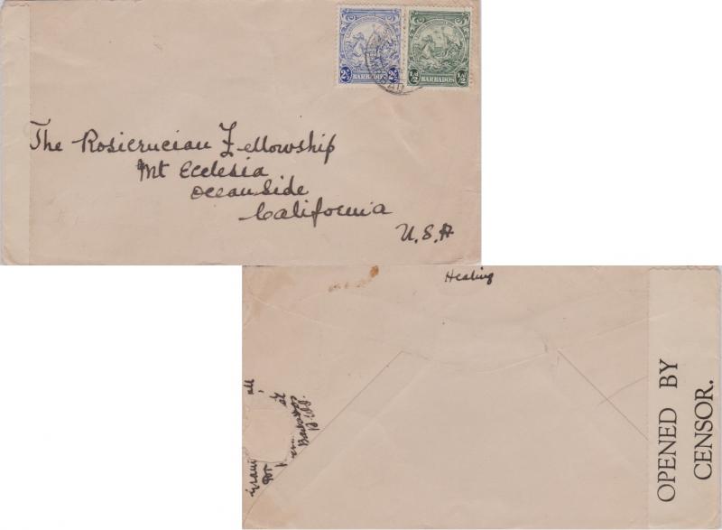 Barbados 1/2d and 2d Seal of the Colony c1942 Barbados to Oceanside, Calif. B...