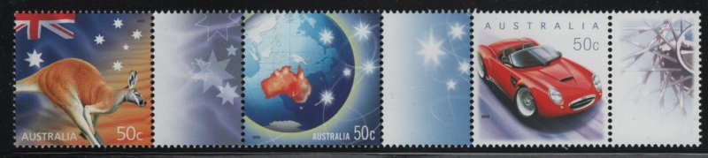 Australia 2003 MNH Sc 2123a 50c Kangaroo, Globe, Car Strip of 3 + labels