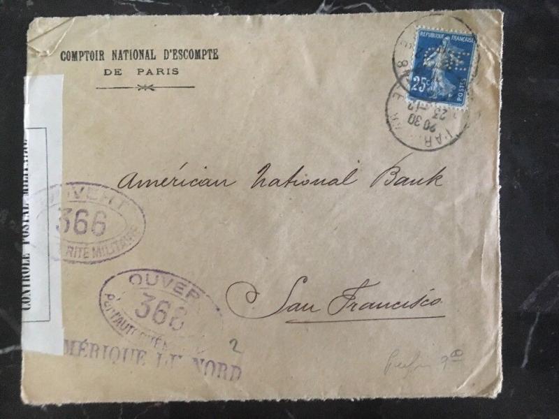 1915 Paris France Censored Cover To American National Bank In San Francisco USA