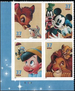 Scott # 3868a 2004 37c multi   Disney Characters , Blk. or Strip of 4 Plate B...