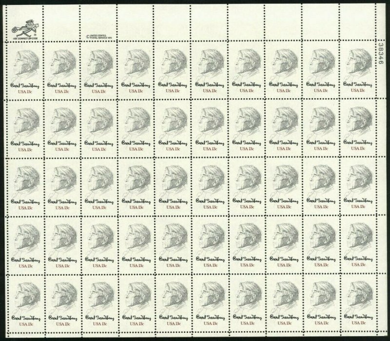 Carl Sandburg Sheet of Fifty 13 Cent Postage Stamps Scott 1731