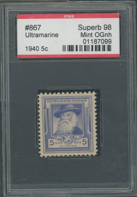 USA 867 - 5 cent Walt Whitman - PSE Graded Slab: Superb 98 Mint OGnh