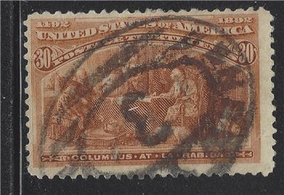 1893 USA 30c Columbian Sc# 239 - Used - Cat = $100 - Fine - Small Tear (BS26)