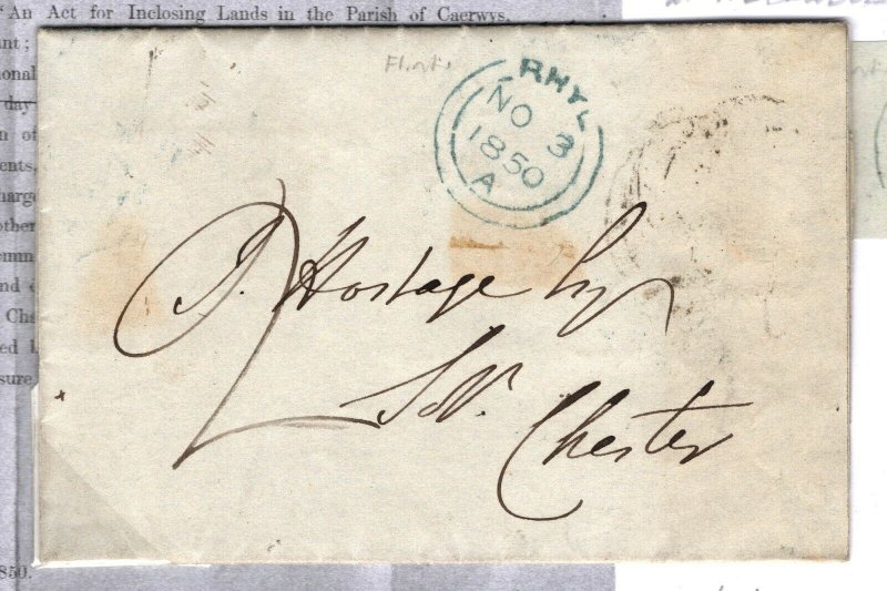 GB WALES Cover Bryneithin Printed EL Late Use *ABERGELE* UDC Caerwys 1850 89.34 