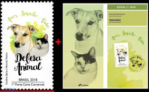 3374 BRAZIL 2018 ANIMAL DEFENSE, DOG, CAT, DOMESTIC ANIMALS C-3751 MNH+BROCHURE