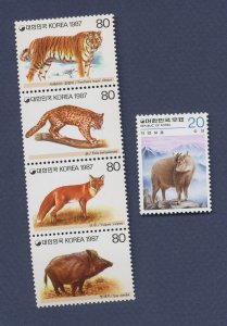 KOREA - Scott 1482-1485a & 1153 - MNH - wildlife, cat fox pig - 1987