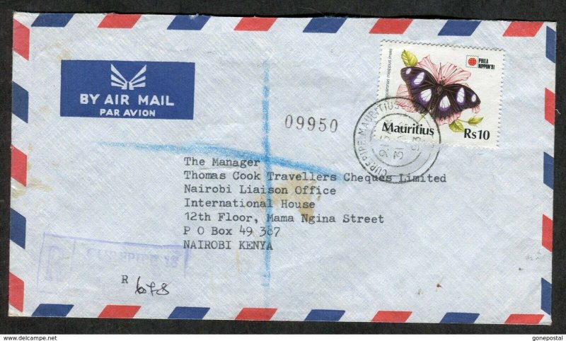 d261 - MAURITIUS 1993 Registered Cover to Kenya. BUTTERFLY Stamp