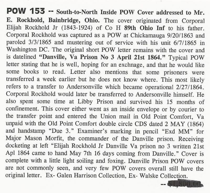 CSA POW Cover w/ Letter South-to-North Mr. E. Rockhold Bainbride, OH Danville VA