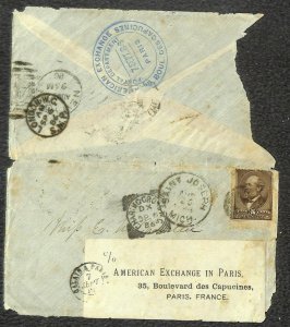 USA #205 STAMP MICHIGAN TO FRANCE AMERICAN EXCHANGE FORWARDED AGENT COVER 1886