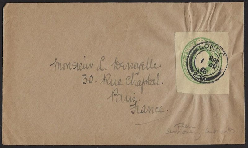 UK GB 1906 STATIONARY CUTOUT USED AS POSTAGE TIED LONDON TO PARIS