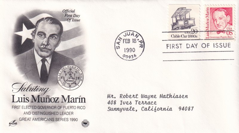 1990, Honoring Luis Munoz Marin, Art Craft/PCS, FDC (E12211)