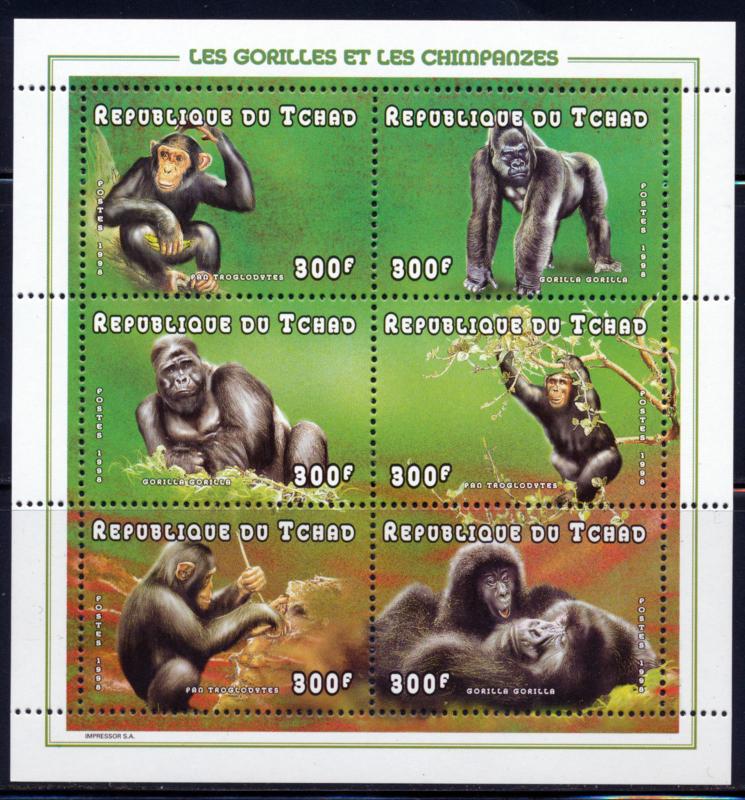 CHAD 1998 GORILLAS & CHIMPANZEES  SHEET OF 6  DIFFERENT STAMPS SCOTT 770 A-F