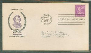 US 817 1938 12c Zachary Taylor (single) prexy-presidential series on an addressed (typed) first day cover with a Fidelity cachet