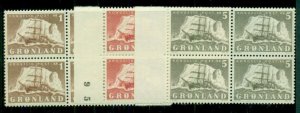 GREENLAND #36-8, 1kr – 5kr Ship, Blocks of 4, og, NH, VF, Scott $110.00