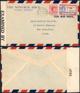 Bahamas 1942 censored airmail cover to USA 10d rate