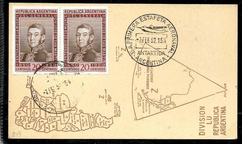 AANT-214 ARGENTINA ANTARCTICA 1952 1° AERONAVAL POST OFFICE STATION,CARD MAP