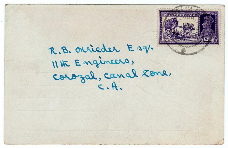 India KGVI 2a6p on QSL post card to Army 11th Engineers Canal Zone, 1939