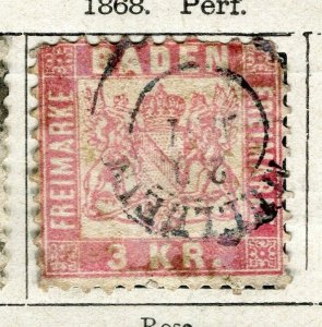 GERMANY BADEN; 1868 early classic issue used 3k. value