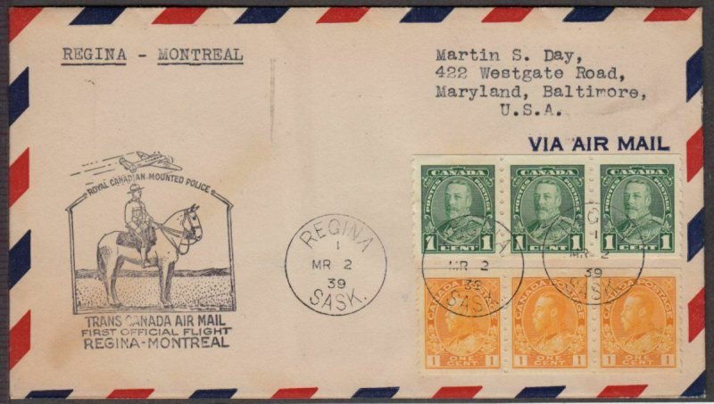 1939 Canada First Flight Airmail Service 301aa Regina - Montreal COILS cachet