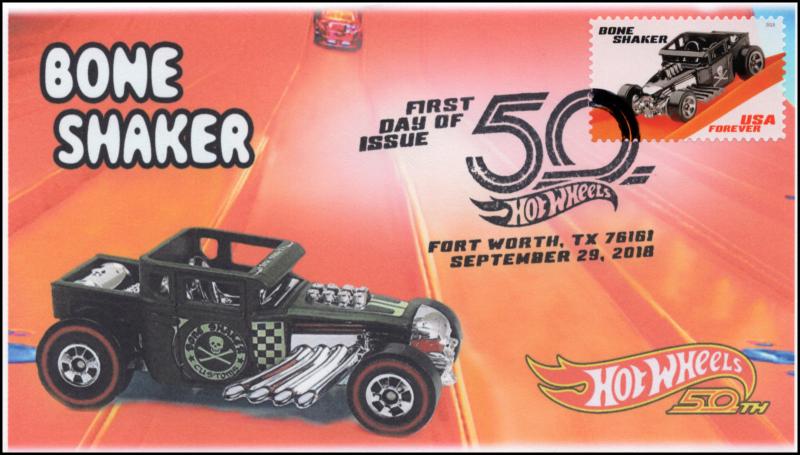 18-287, 2018, Hot Wheels, Pictorial, Postmark, First Day Cover, Bone Shaker