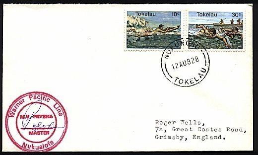 TOKELAU IS 1982 cover ex Nukunono to UK, MV FRYSNA ship cachet.............70934