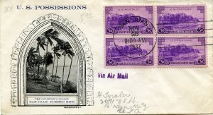 United States First Day Covers #801, 1935 3c Puerto Rico, block of four, W.M....